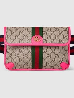 Gucci Beige GG Supreme Shoulder Bag with Pink Trim and Green-Red Stripe